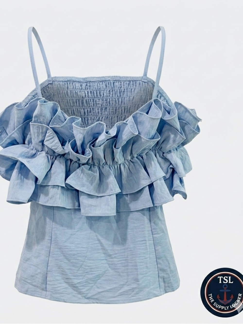 Sienna Sky Women’s XL Light Blue Ruffle Off Shoulder Crop Top NWT